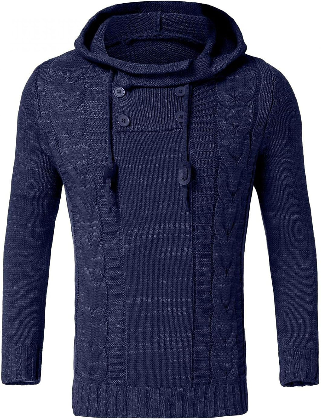 Mens Knitted Hoodies Pullover Casual Long Sleeve Turtleneck Hipster Gym Drawstring Sweaters Sweatshirt Dark Blue