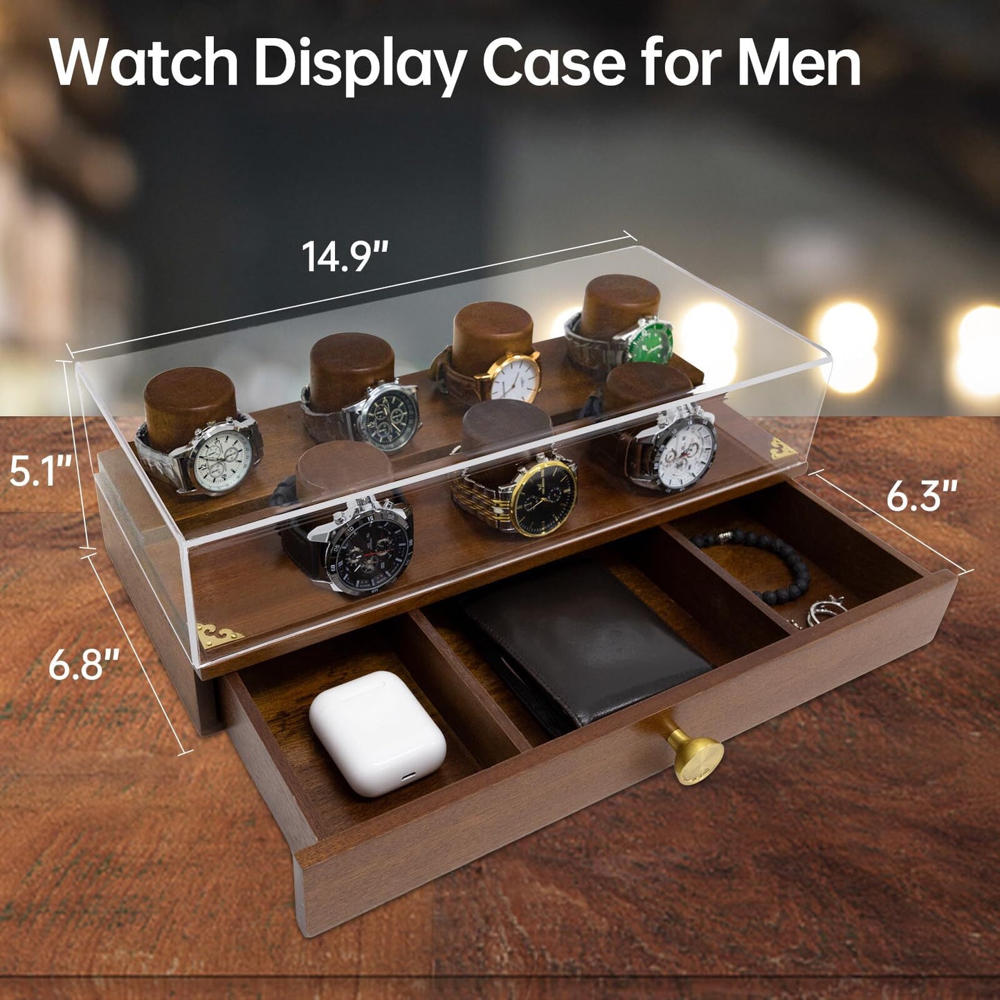 Watch Display Case for Men Wooden Stand 2-Tier Box for with Drawer Collection
