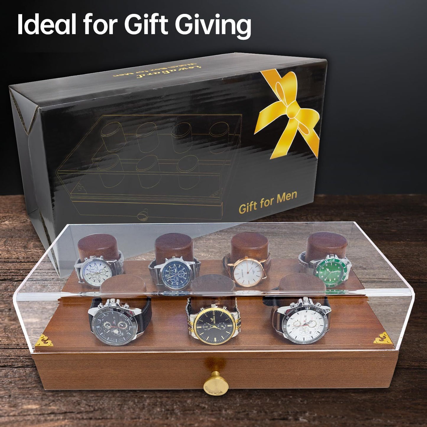 Watch Display Case for Men Wooden Stand 2-Tier Box for with Drawer Collection