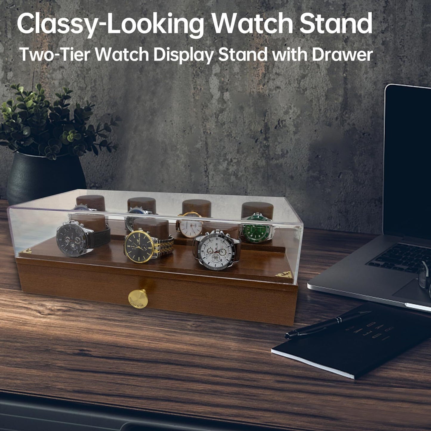 Watch Display Case for Men Wooden Stand 2-Tier Box for with Drawer Collection
