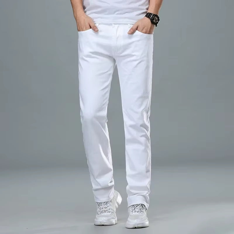 Classic Style Men'S Regular Fit White Jeans Business Smart Fashion Denim Advanced Stretch Cotton Trousers Male Brand Pants