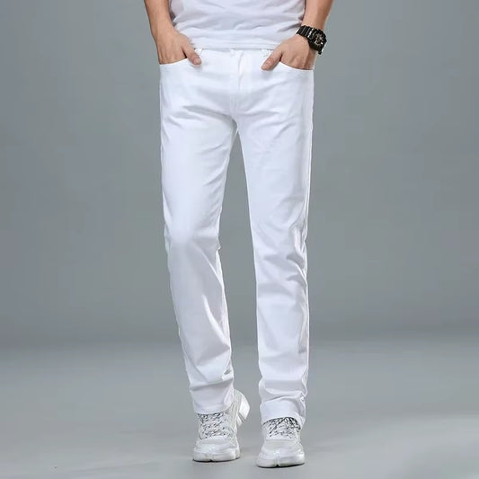 Classic Style Men'S Regular Fit White Jeans Business Smart Fashion Denim Advanced Stretch Cotton Trousers Male Brand Pants