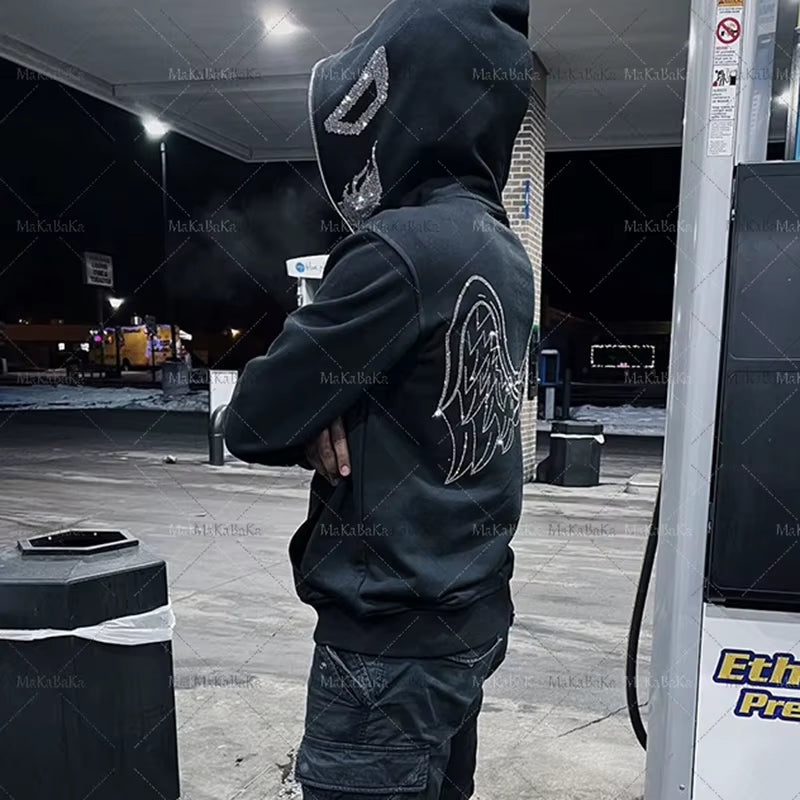 Oversized Y2K Demon Rhinestone Graphics Zip Hooded Sweatshirt Men'S Hoodies Harajuku Goth Hoodie Grunge Men'S Clothes Emo