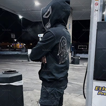 Oversized Y2K Demon Rhinestone Graphics Zip Hooded Sweatshirt Men'S Hoodies Harajuku Goth Hoodie Grunge Men'S Clothes Emo