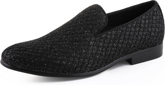 Sarlo Men'S Dress Shoes, Black Glitter Loafer for Prom, Metallic Tuxedo Slip-On