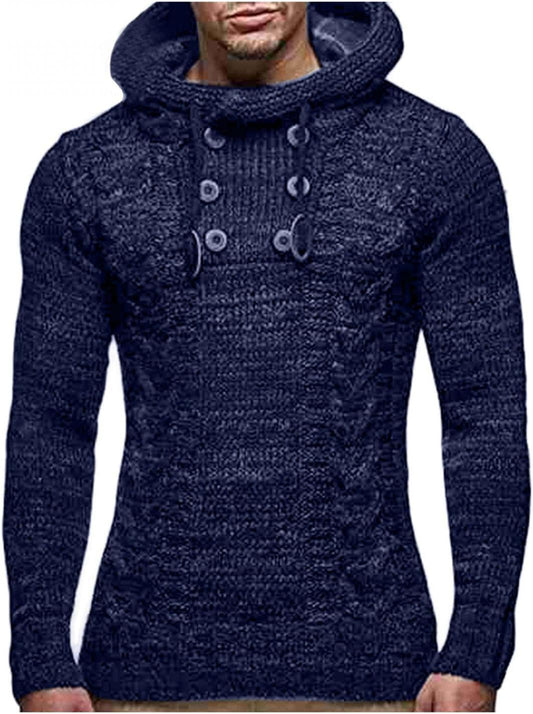 Mens Knitted Hoodies Pullover Casual Long Sleeve Turtleneck Hipster Gym Drawstring Sweaters Sweatshirt Dark Blue