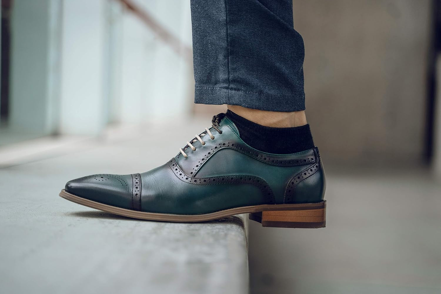 AG114 Men'S Genuine Leather Oxfords, Cap Toe, Lace Up, Brogue - Teal, Tan, Brown, Green, Grey