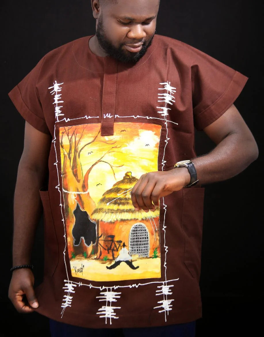 African Denim Shirt for Men Brown Color African Men'S Wear