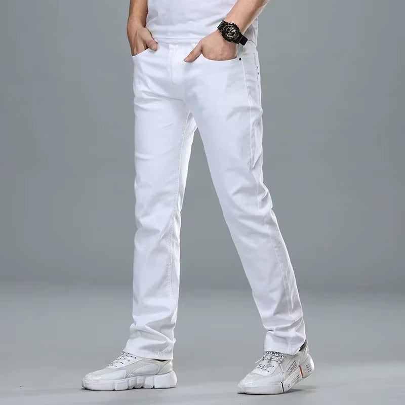 Classic Style Men'S Regular Fit White Jeans Business Smart Fashion Denim Advanced Stretch Cotton Trousers Male Brand Pants