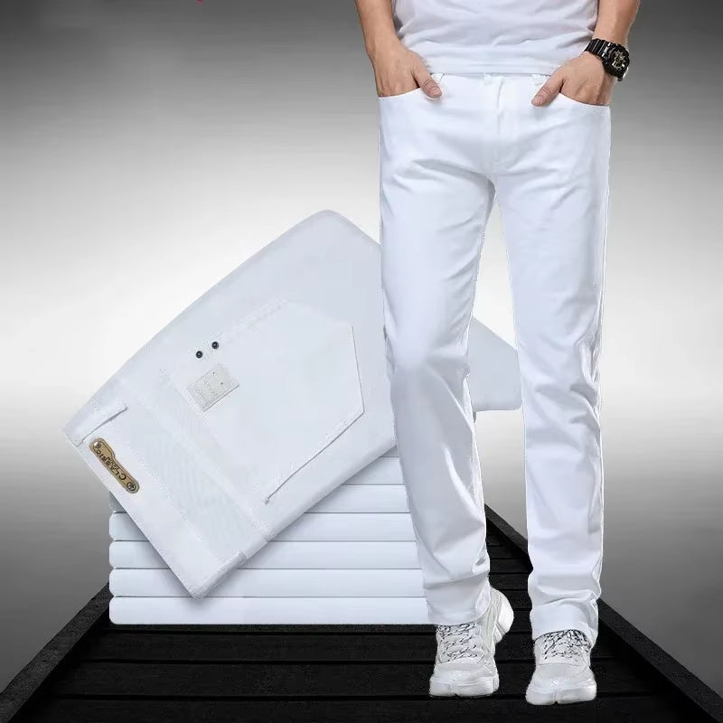 Classic Style Men'S Regular Fit White Jeans Business Smart Fashion Denim Advanced Stretch Cotton Trousers Male Brand Pants