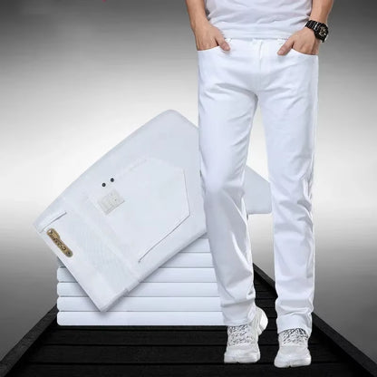Classic Style Men'S Regular Fit White Jeans Business Smart Fashion Denim Advanced Stretch Cotton Trousers Male Brand Pants