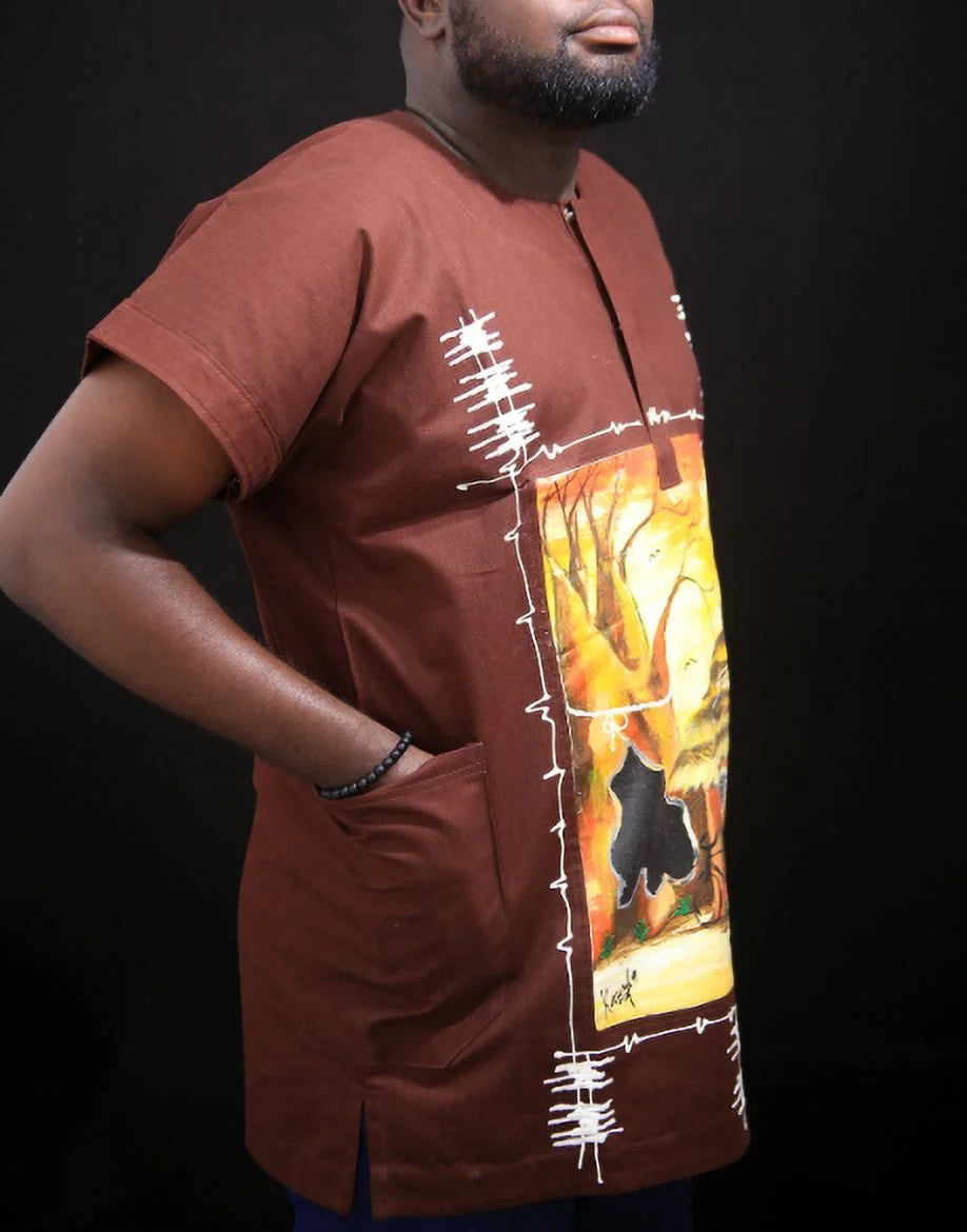 African Denim Shirt for Men Brown Color African Men'S Wear