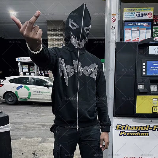 Oversized Y2K Demon Rhinestone Graphics Zip Hooded Sweatshirt Men'S Hoodies Harajuku Goth Hoodie Grunge Men'S Clothes Emo