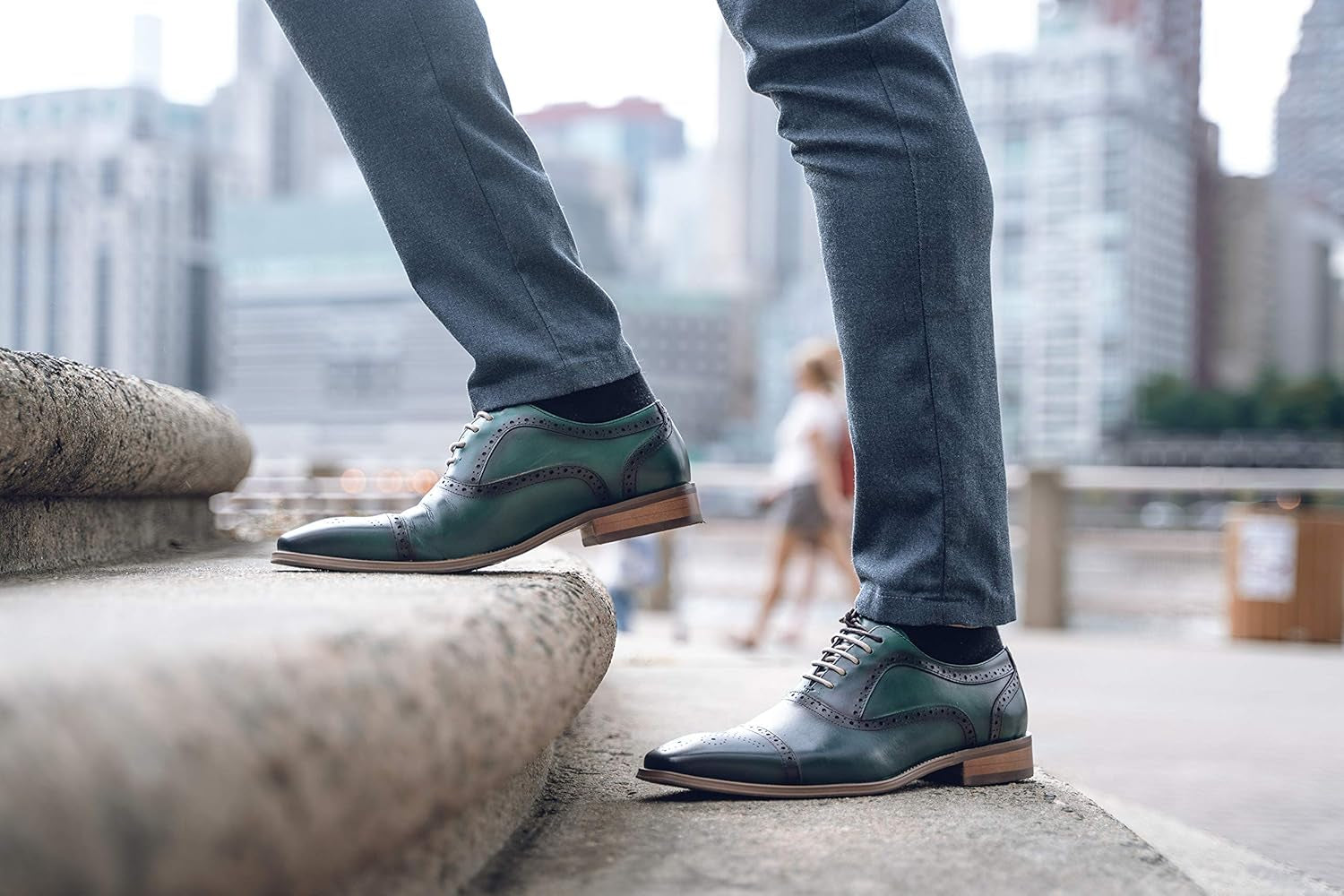 AG114 Men'S Genuine Leather Oxfords, Cap Toe, Lace Up, Brogue - Teal, Tan, Brown, Green, Grey