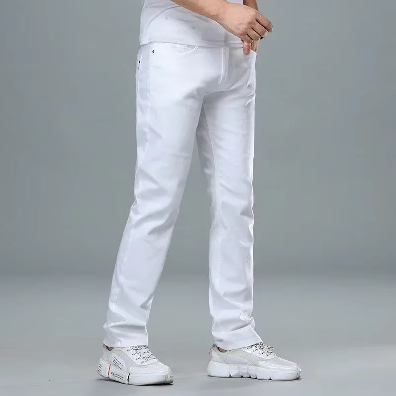 Classic Style Men'S Regular Fit White Jeans Business Smart Fashion Denim Advanced Stretch Cotton Trousers Male Brand Pants
