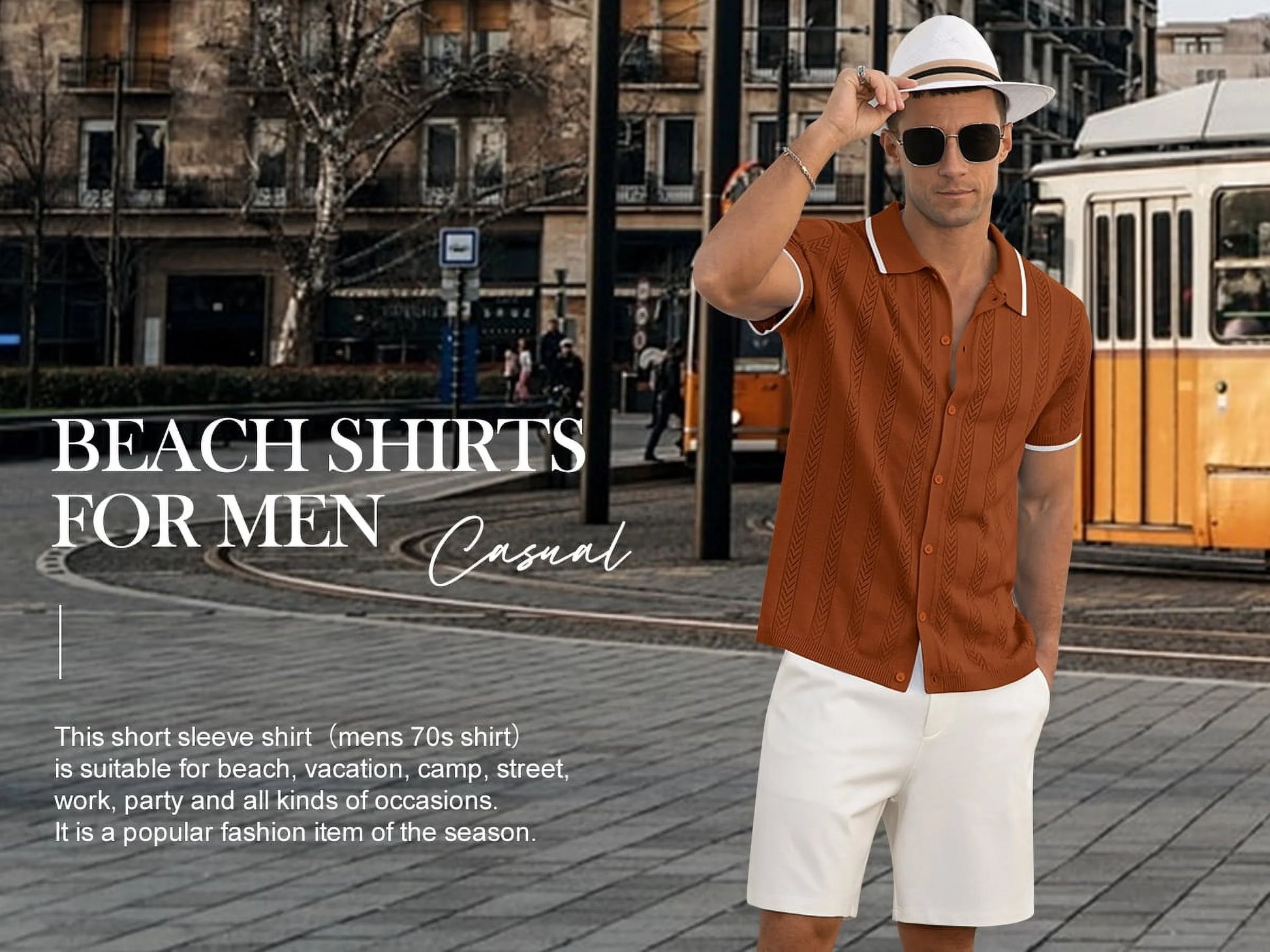 Men's Casual Button down Shirt Short Sleeve Vintage Shirts