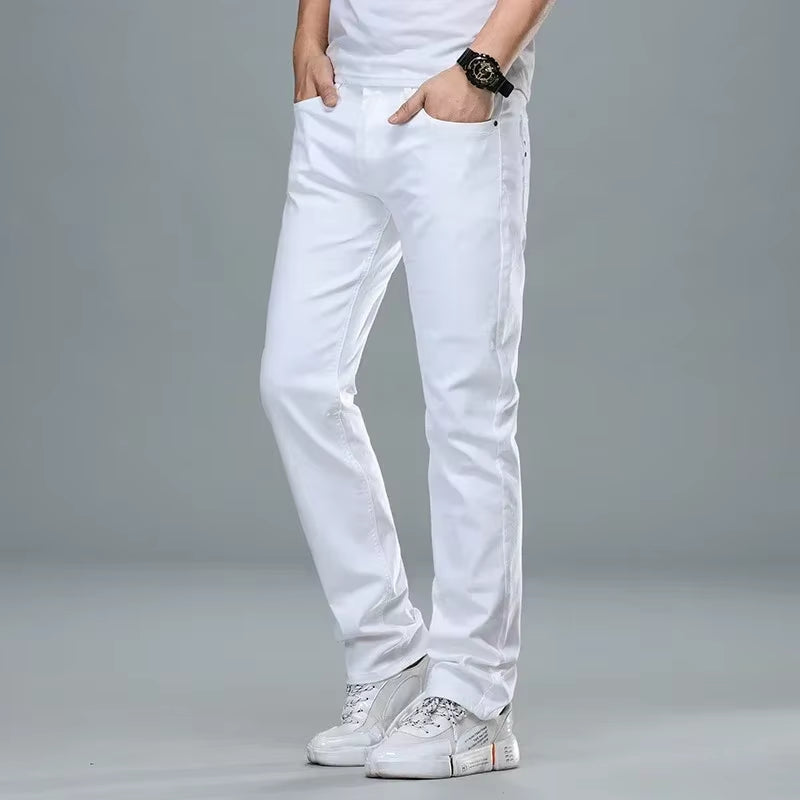 Classic Style Men'S Regular Fit White Jeans Business Smart Fashion Denim Advanced Stretch Cotton Trousers Male Brand Pants