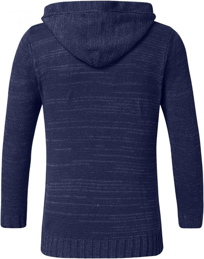 Mens Knitted Hoodies Pullover Casual Long Sleeve Turtleneck Hipster Gym Drawstring Sweaters Sweatshirt Dark Blue