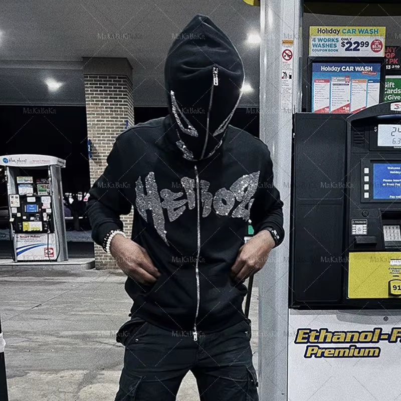 Oversized Y2K Demon Rhinestone Graphics Zip Hooded Sweatshirt Men'S Hoodies Harajuku Goth Hoodie Grunge Men'S Clothes Emo