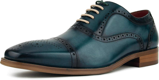 AG114 Men'S Genuine Leather Oxfords, Cap Toe, Lace Up, Brogue - Teal, Tan, Brown, Green, Grey