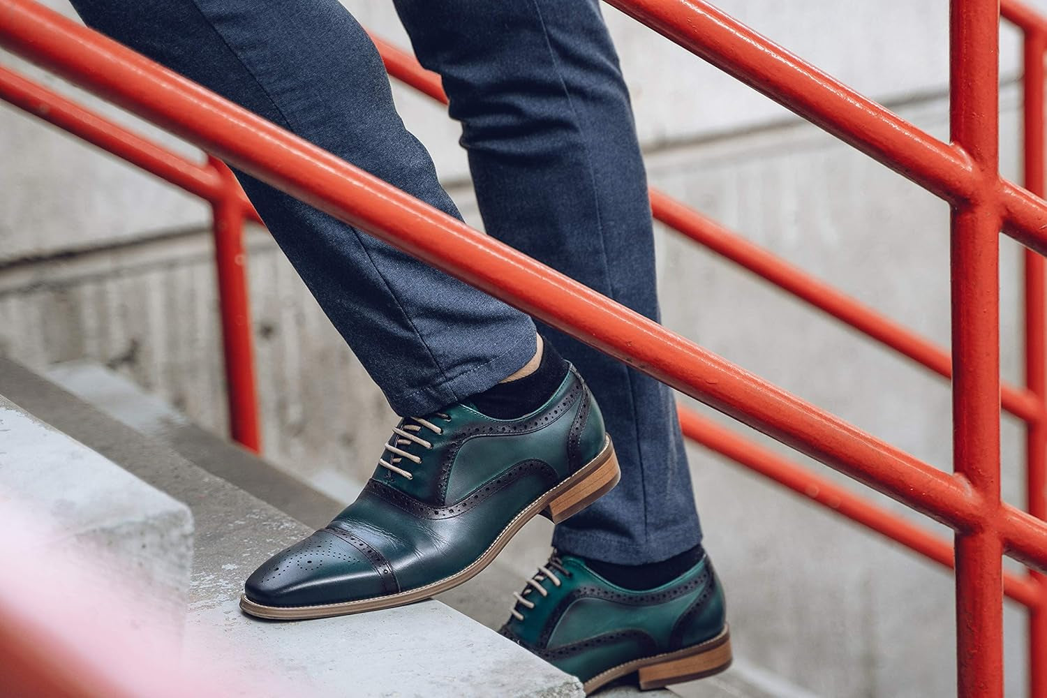 AG114 Men'S Genuine Leather Oxfords, Cap Toe, Lace Up, Brogue - Teal, Tan, Brown, Green, Grey