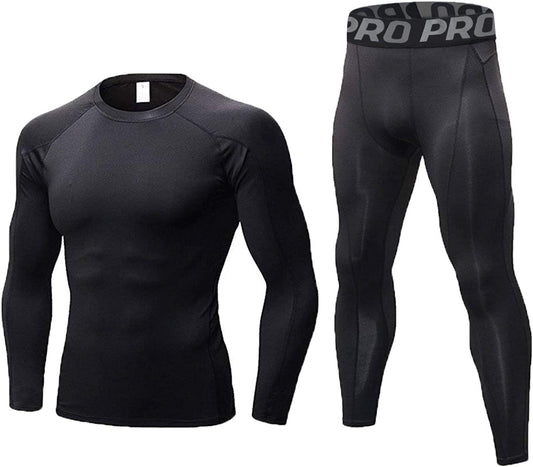 Mens Workout Compression Set Pants and Long Sleeve Shirts Winter Warm Thermal Baselayer Top & Bottom