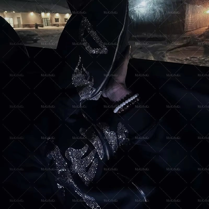 Oversized Y2K Demon Rhinestone Graphics Zip Hooded Sweatshirt Men'S Hoodies Harajuku Goth Hoodie Grunge Men'S Clothes Emo