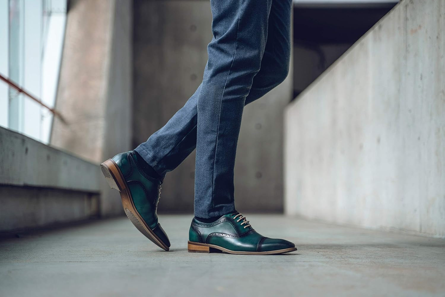 AG114 Men'S Genuine Leather Oxfords, Cap Toe, Lace Up, Brogue - Teal, Tan, Brown, Green, Grey