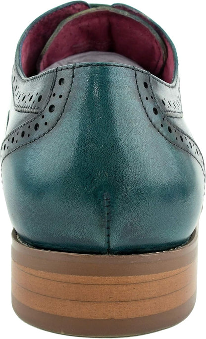 AG114 Men'S Genuine Leather Oxfords, Cap Toe, Lace Up, Brogue - Teal, Tan, Brown, Green, Grey