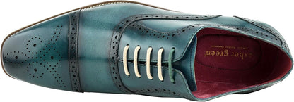 AG114 Men'S Genuine Leather Oxfords, Cap Toe, Lace Up, Brogue - Teal, Tan, Brown, Green, Grey