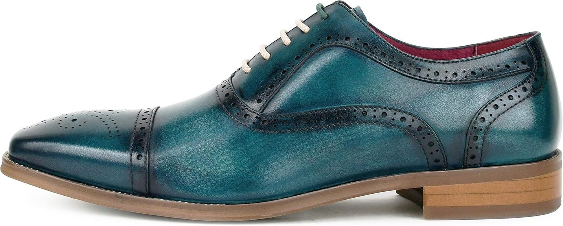 AG114 Men'S Genuine Leather Oxfords, Cap Toe, Lace Up, Brogue - Teal, Tan, Brown, Green, Grey